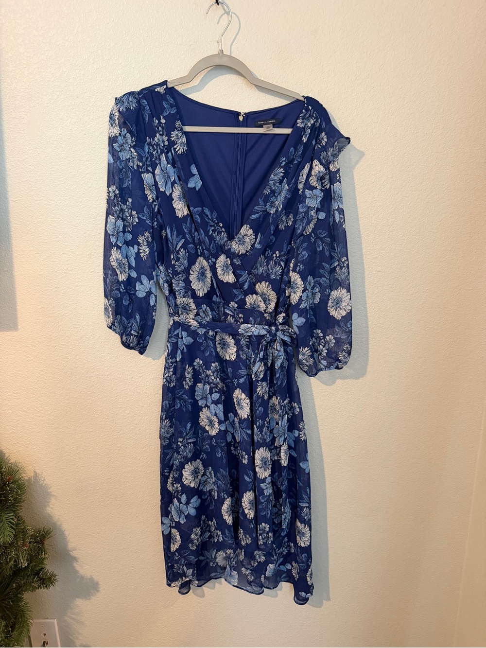 Tommy Hilfiger Navy Blue Floral Wrap Dress with Tie Waist